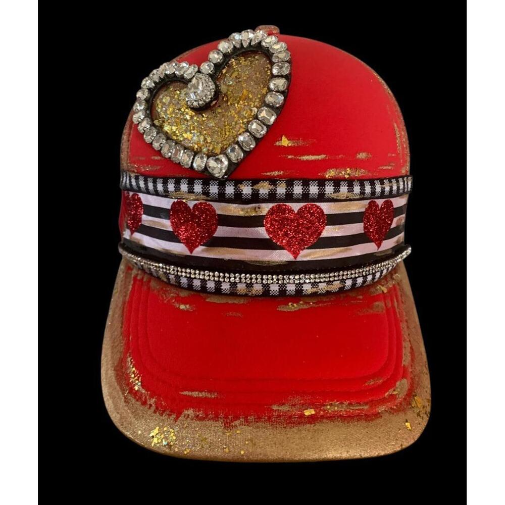 Valentine's Day Truckers Cap Hat Hand Decorated Red Black White Gold [COPY]